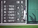 Troy O�Leary of the Red Sox makes a leaping catch in front of the Green Monster, 1999.