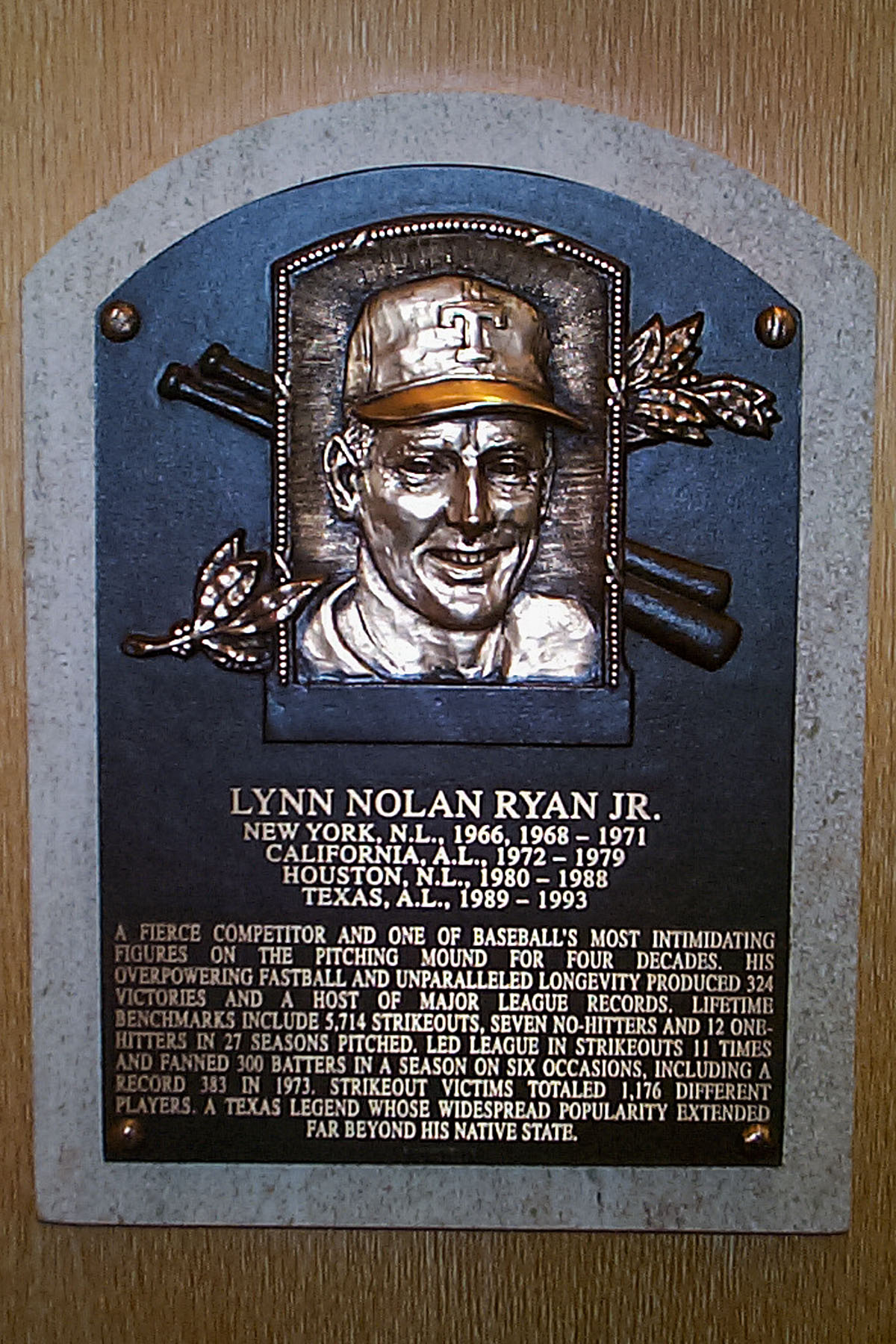 Nolan Ryans newly-minted Hall of Fame plaque.  Click for next photo.
