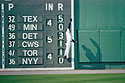 Troy O�Leary of the Red Sox makes a leaping catch in front of the Green Monster, 1999.
