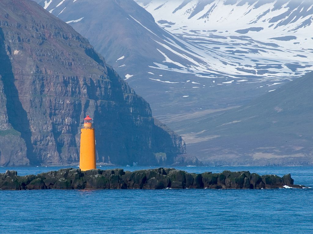 Lighthouse at the entrance to Eyjafjörður fjord, Iceland.  Click for next photo.