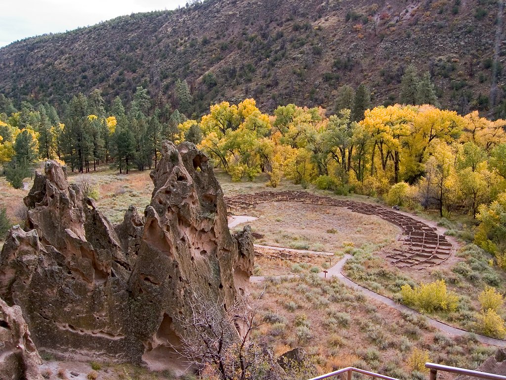 Looking down on the ancient village of Tyuonyi, Bandelier National Monument, New Mexico.  Click for next photo.