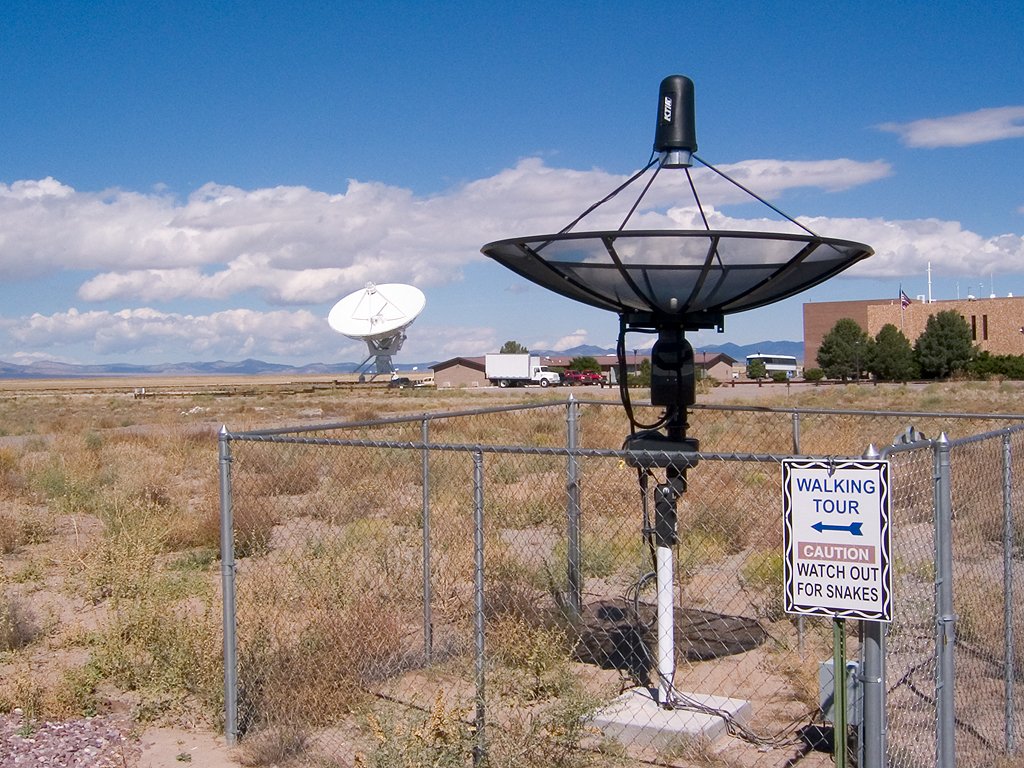 This small dish is used for a visitor center demonstration, National Radio Astronomy Observatory near Socorro, New Mexico.  Note the sign.  Click for next photo.