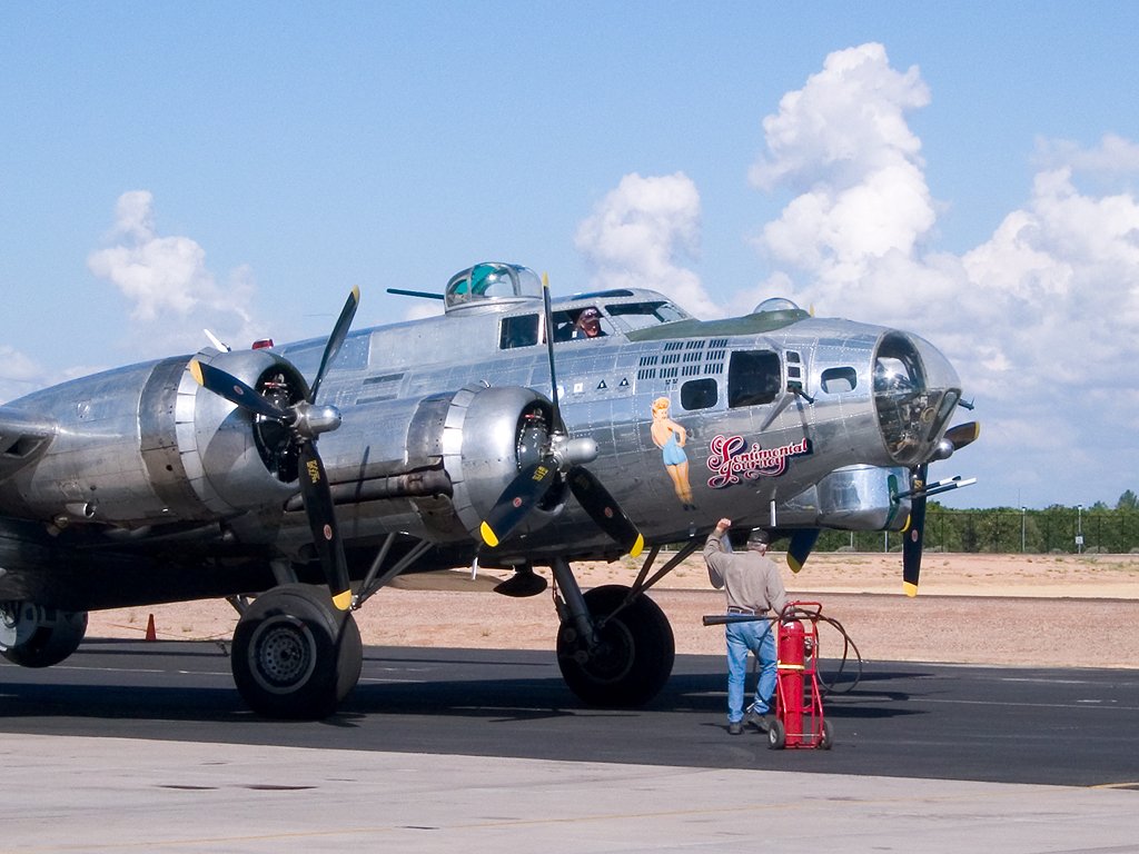 Commemorative Air Force B-17 Sentimental Journey, about to take off from the Arizona Wing facility in Mesa, Arizona.  Click for next photo.