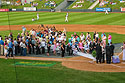 Baseball wedding at Kansas City T-Bones independent league game in KCK.