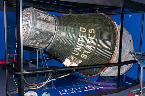 The Liberty Bell 7 Mercury capsule was on a national tour when I visited the Kansas Cosmosphere in 2005, bit it was there when I stopped again in 2007 and got this image. I was back at the Cosmosphere in 2018, but once again the capsule was touring. As of 2020, Liberty Bell 7 is again on display at the Cosmosphere, which owns it.