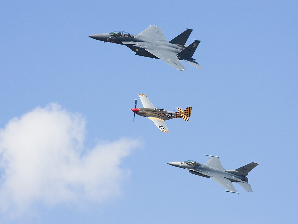 Heritage Flight, F-15 Eagle, P-51 Mustang, and F-16 Falcon, TICO Warbirds Air Show, Titusville, Florida, March 2008.  Click for next photo.