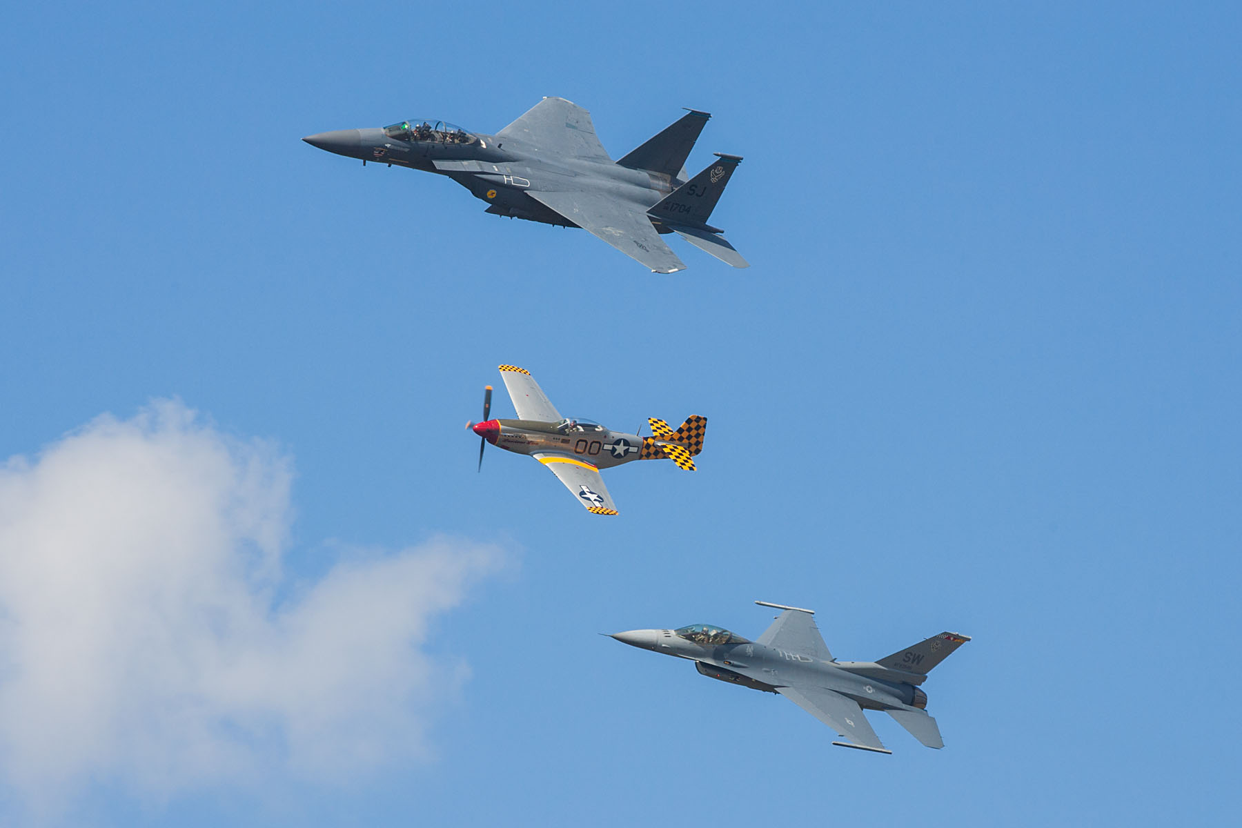 Heritage Flight, F-15 Eagle, P-51 Mustang, and F-16 Falcon, TICO Warbirds Air Show, Titusville, Florida.  Click for next photo.