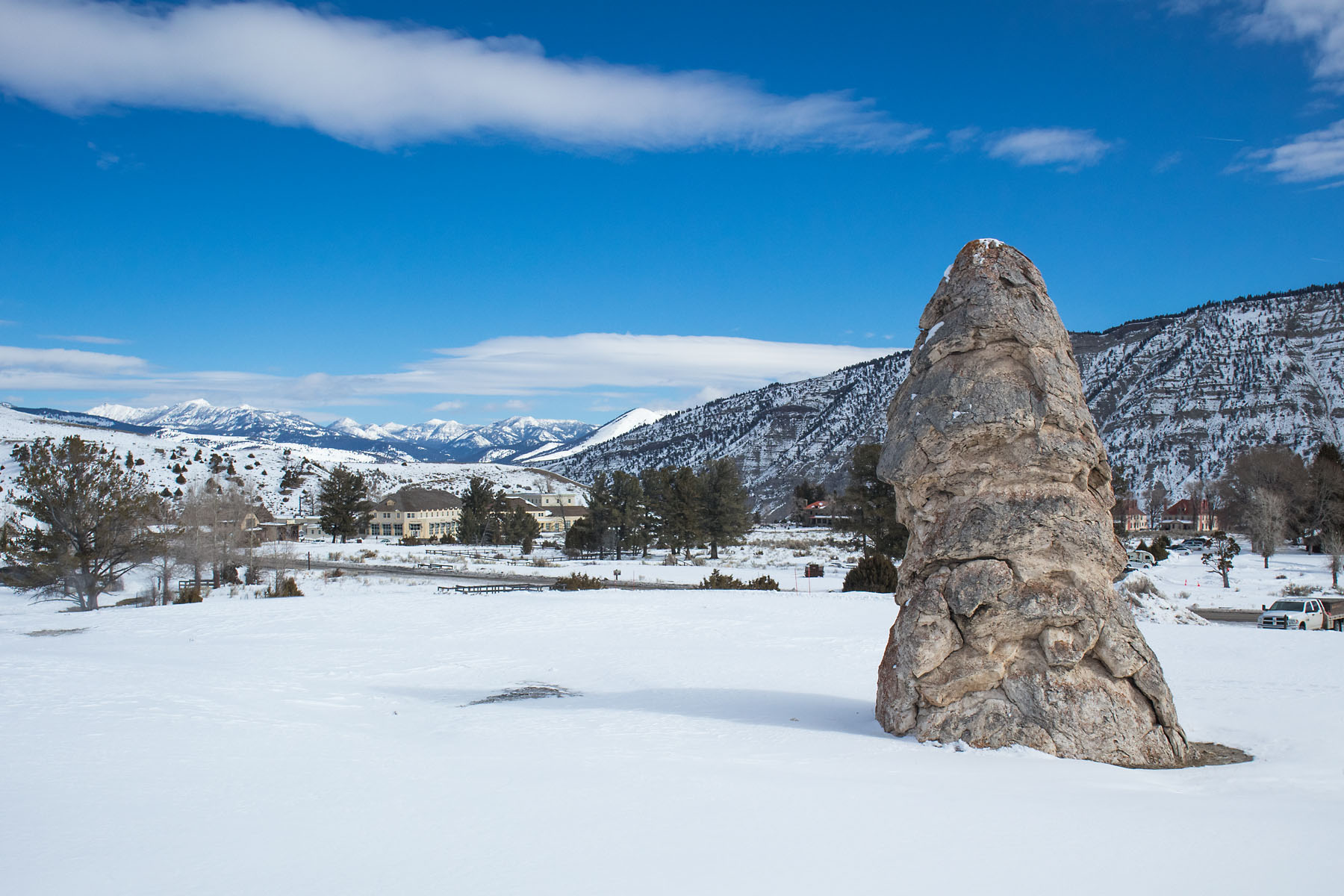 Mammoth Hot Springs Liberty Cap, Yellowstone.  Click for next photo.