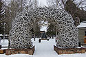 Elk antlers gathered by Boy Scouts from the nearby elk refuge form an arch in downtown Jackson, Wyoming, April 2022.