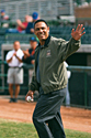 Tony Perez in his new Hall of Fame jacket throws out the first pitch at an Arizona Fall League game, 2000.