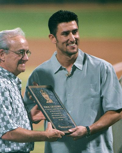 Nomar Garciaparra being inducted into the Arizona Fall League Hall of Fame, 2001.  Click for next photo.