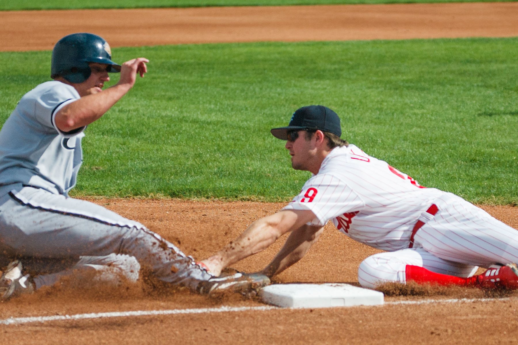 Chase Utley tries to make the tag at third base, 2002 Arizona Fall League.  Click for next photo.