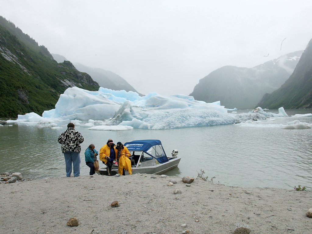 Our little group makes a landing in the Stikine River, Alaska, after getting past that big iceberg.  Click for next photo.