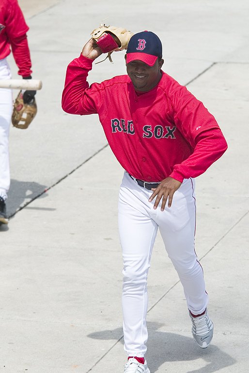 Pedro Martinez goofs around, Red Sox spring training, Fort Myers, Florida, 2003.  Click for next photo.