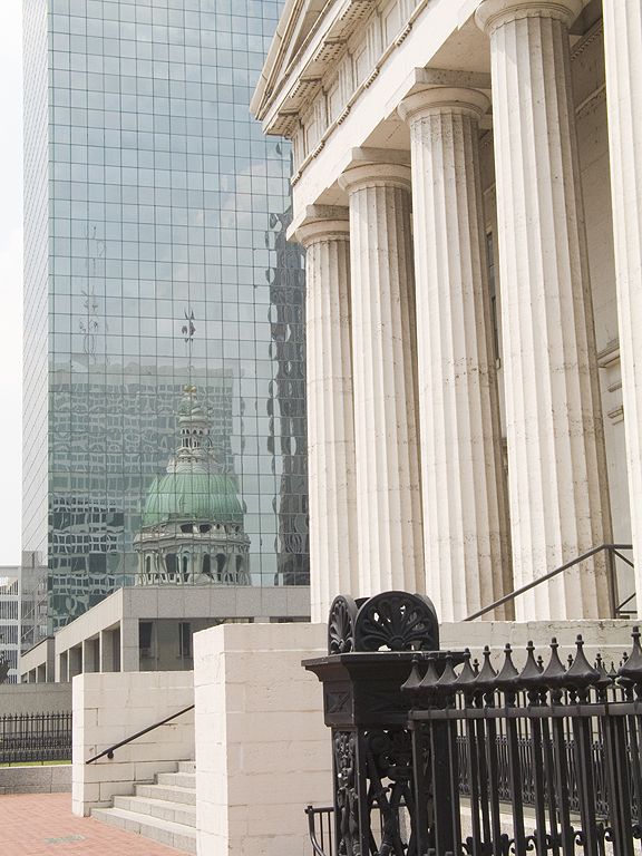 Old courthouse, St. Louis, with the dome reflected in a nearby building.  Click for next photo.