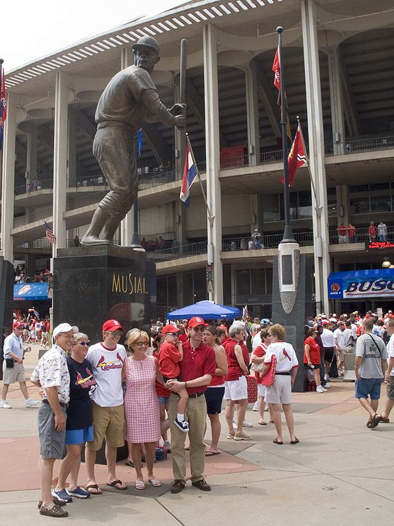 Cardinal fans pose by Stan the Man.  Click for next photo.