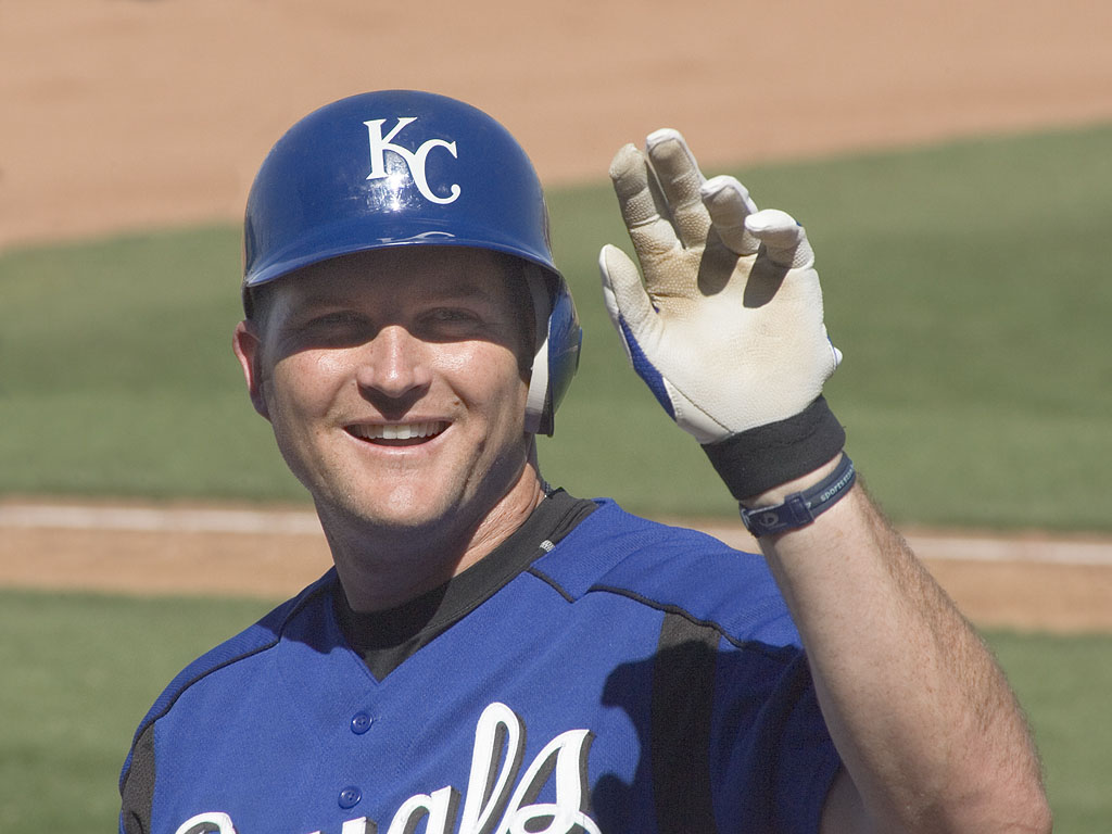 Mike Sweeney of the Royals spots someone in the crowd, Cactus League, Surprise, Arizona.  Click for next photo.
