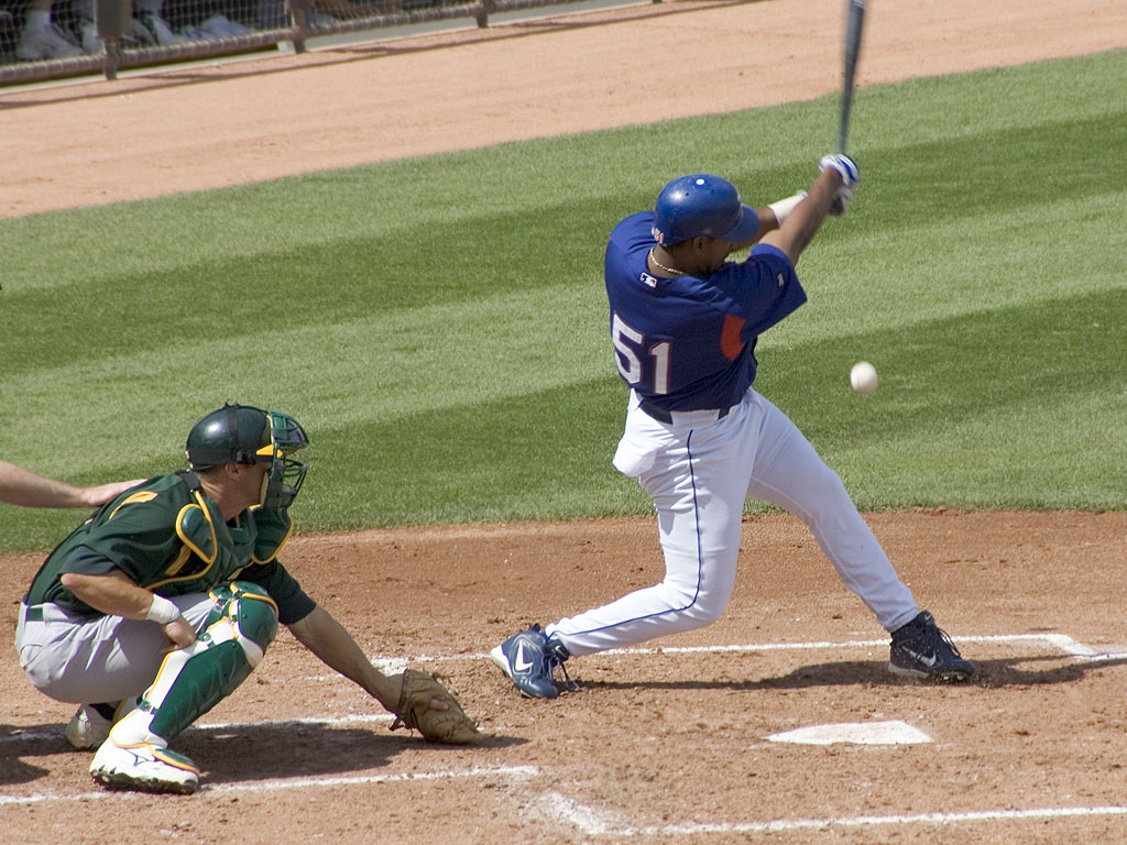 Richard Hidalgo of the Rangers fouls one off.  Click for next photo.