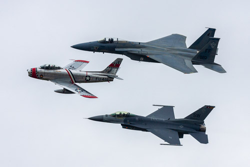 Heritage Flight, Rhode Island ANG, F-86 Sabre, F-15 Eagle, F-16 Falcon.