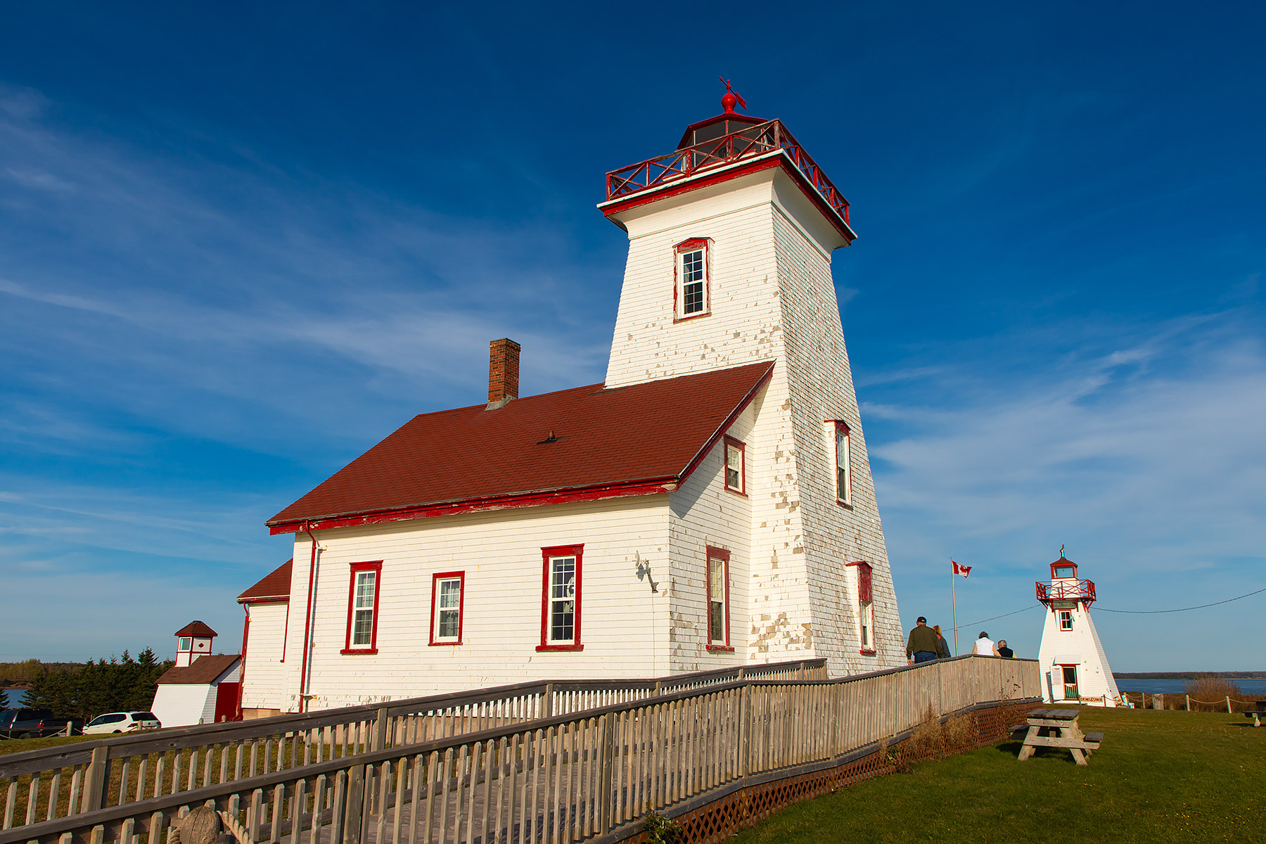Wood Islands lights, Prince Edward Island.  The lighthouse is flanked by two harbor lights that were moved to this location.  Click for next photo.