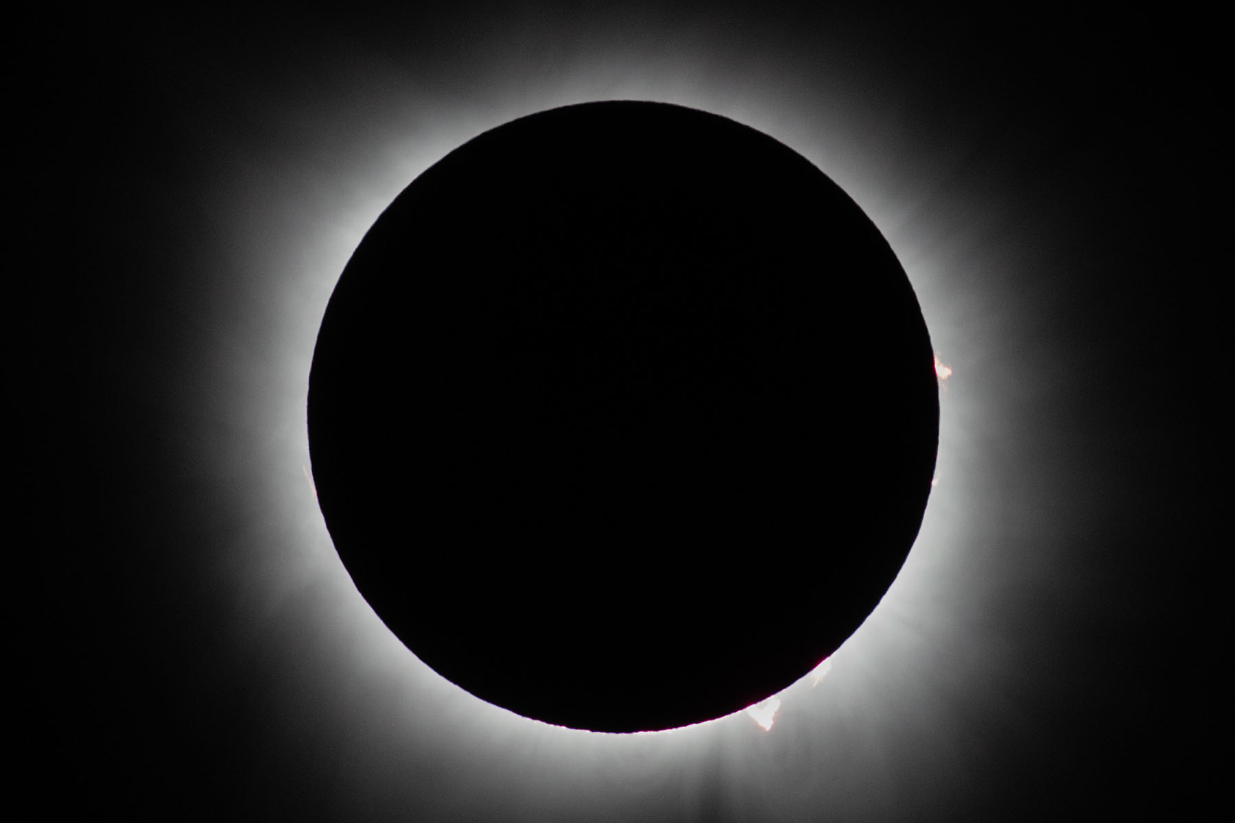 Reprocess of previous image, highlights adjusted to show prominences toward the end of totality.  Click for next photo.