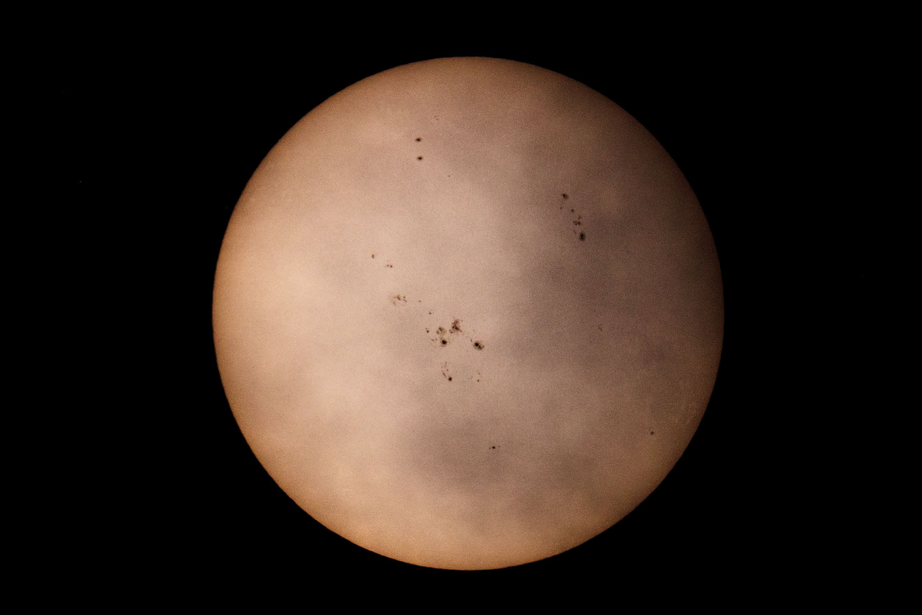 Another day, another sun image.  Despite the clouds, this was the sharpest image I got on this day.  Shot through Televue telescope with M100 camera, prime focus.  Click for next photo.