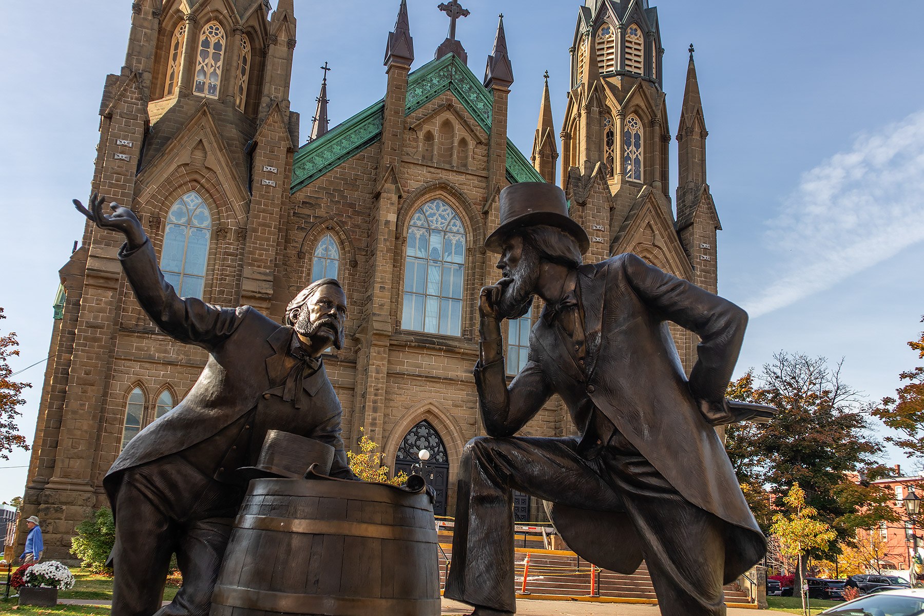The initial discussions for the formation of Canada were held in Charlottetown, PEI in 1864. In an odd coincidence, two of the delegates had the exact same name, John Hamilton Gray. This was deemed worthy of building a statue to them across from St. Dunstans Basilica.  Click for next photo.